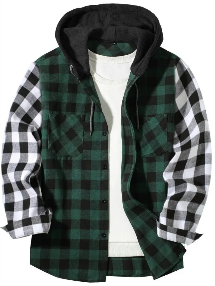 Patchwork Plaid Hooded Long-sleeved Shirt - ZA-ZOLA