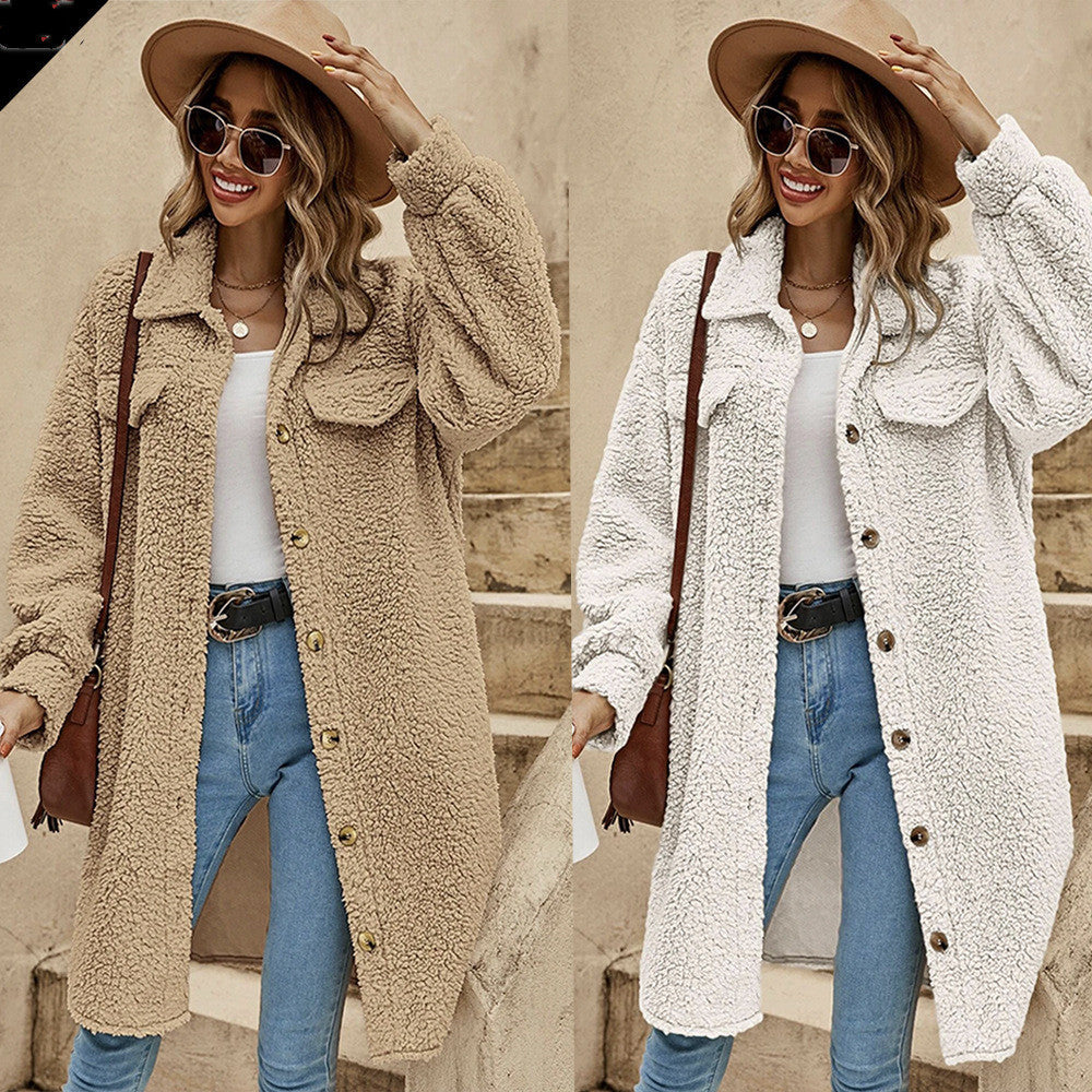 European & American Style Lapel Plush Coat – Women’s Loose Long-Cut Winter Jacket