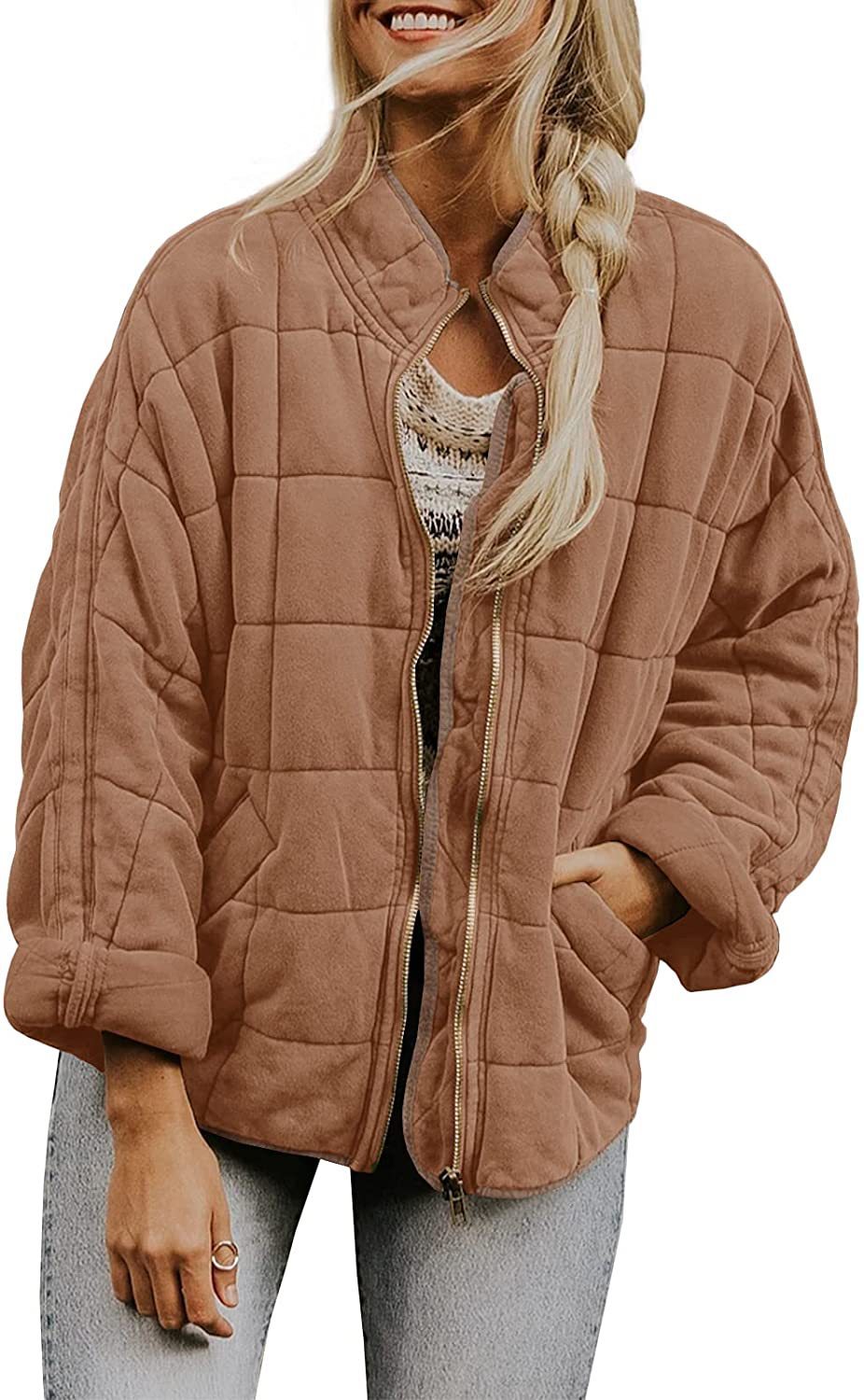 Einfarbige Baumwolljacke mit Stehkragen und weiten Taschen – Langärmlige Winteroberbekleidung für Damen