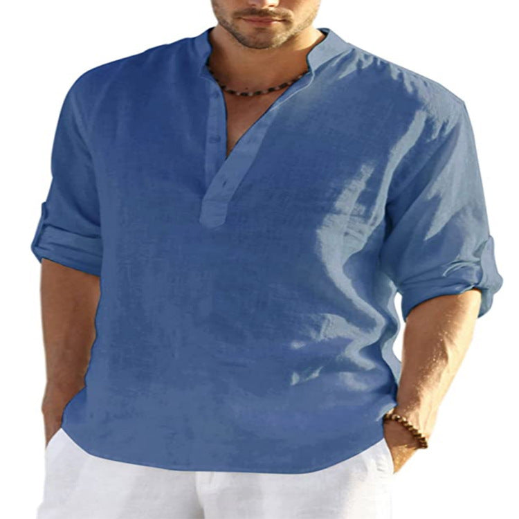 Men's Casual Cotton Linen Shirt – Breathable, Solid Color, Stand Collar Design - ZA-ZOLA