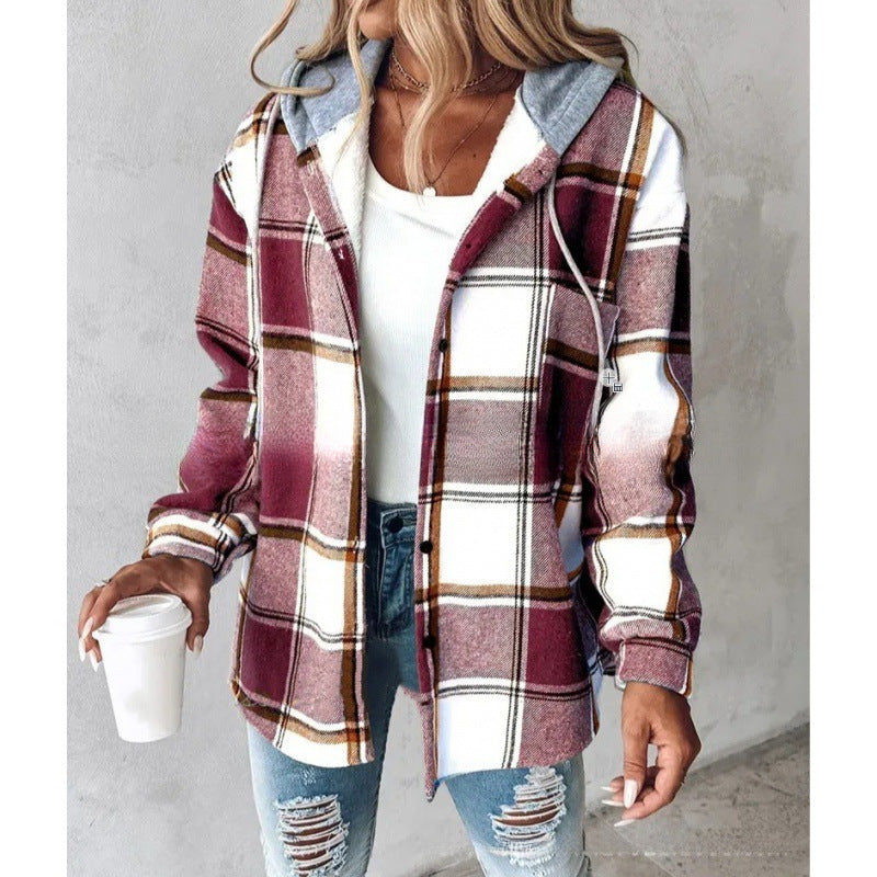 European & American Fashion Women’s Solid Color Plaid Hooded Jacket