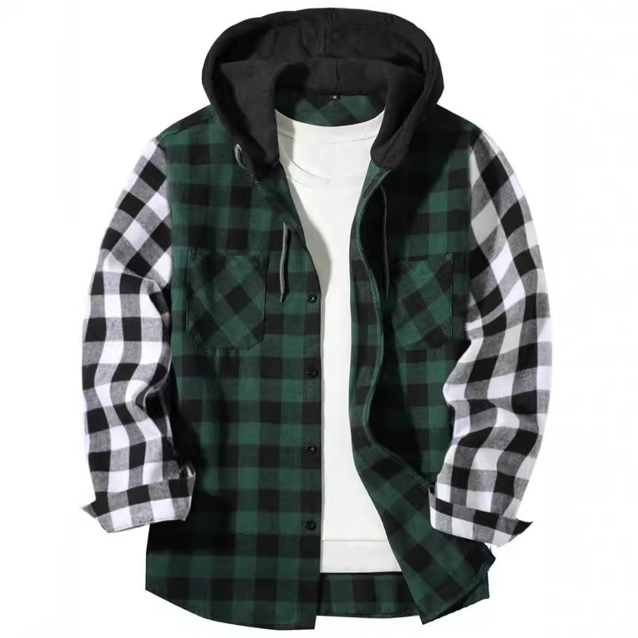 Patchwork Plaid Hooded Long-sleeved Shirt - ZA-ZOLA