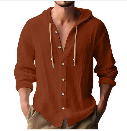 Cotton & Linen Hooded Long Sleeve Shirt – Comfortable Button-Up Sweater for Men - ZA-ZOLA