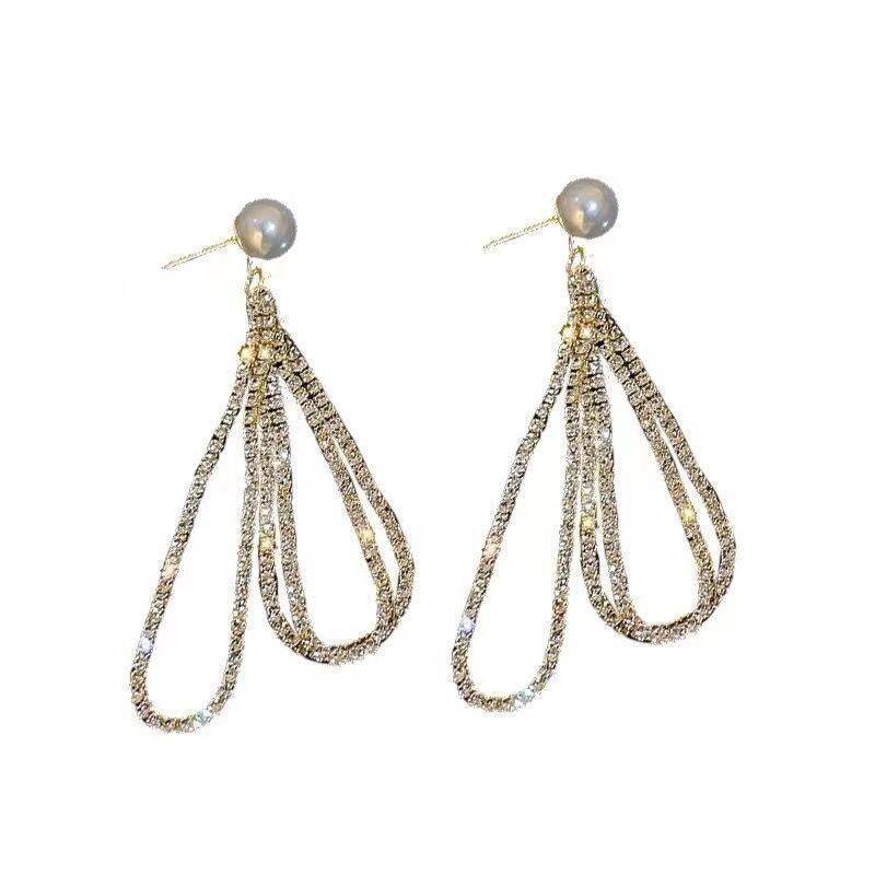 Drop-shaped Full Diamond Pearl Earrings Long Tassel Earrings - ZA-ZOLA