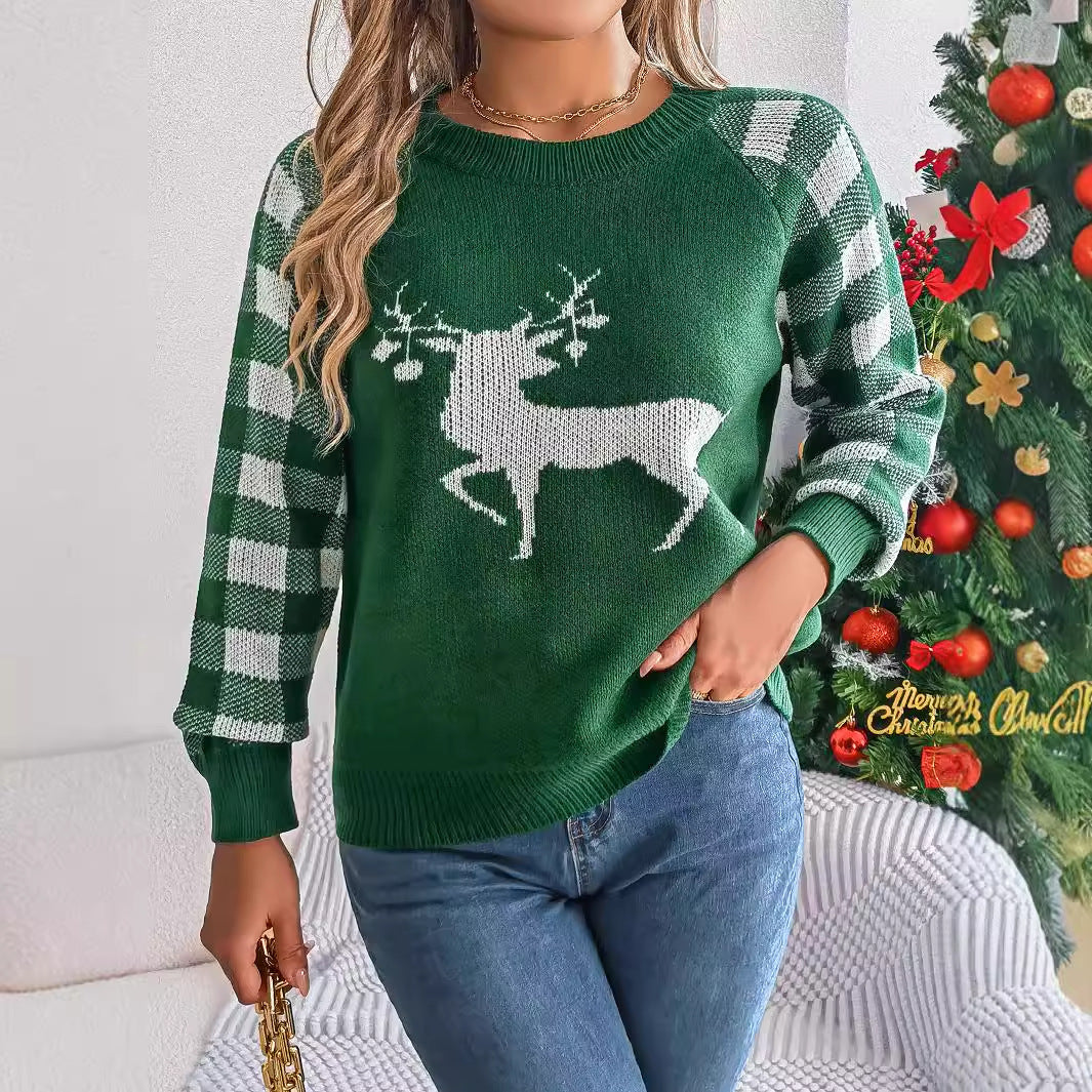 Christmas Women's Casual Plaid Deer Long Sleeve Pullover Sweater – Festive Holiday Knitwear - ZA-ZOLA