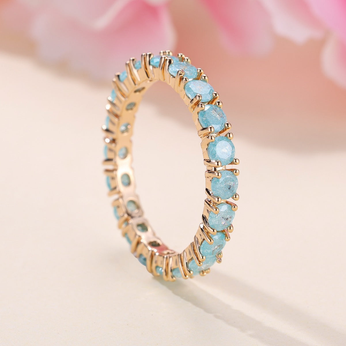 French Retro Champagne Gold Blue Ice Flower Zirconium Full Diamond Ring - ZA-ZOLA