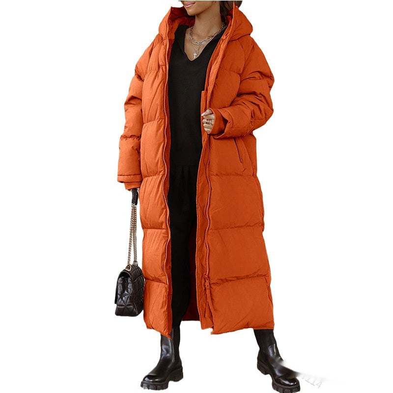 Hooded Solid Color Long Zip Coat – Casual Winter Outerwear for Women