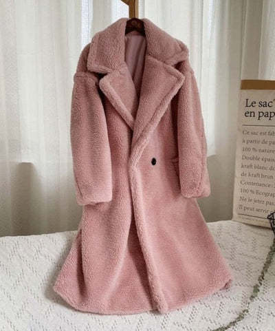 Lapel Lamb Fleece Coat with Pockets – Faux Fur Long Winter Windbreaker for Women