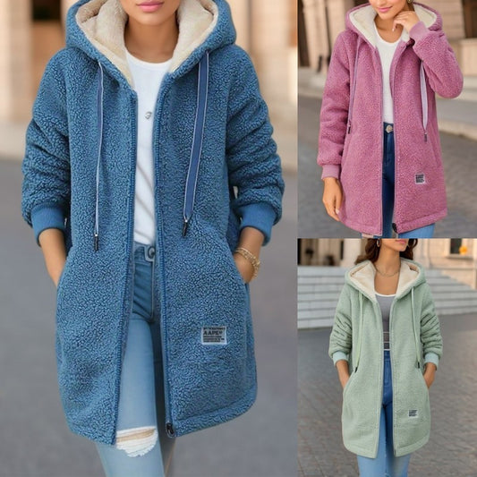 Fleece-Lined Mid-Length Cashmere Hoodie – Warm & Stylish Winter Wear for Women