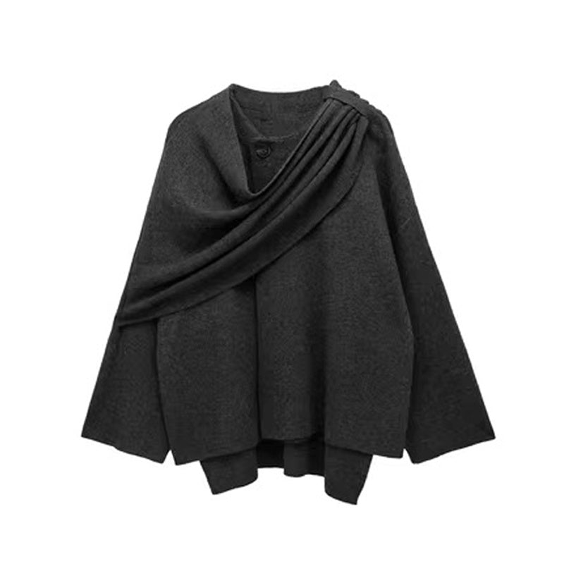 Solid Knitted Cardigan with Asymmetrical Scarf – Fashion Short Winter Coat for Women