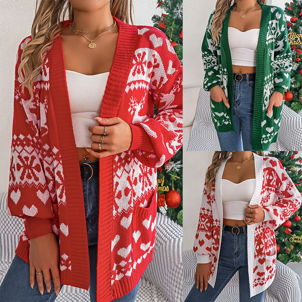 Women's Christmas Open Front Cardigan – Oversized Deer Knitwear with Lantern Sleeves - ZA-ZOLA