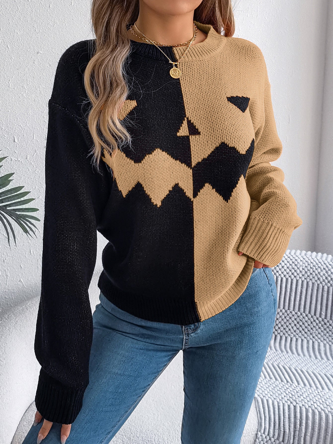 Halloween Contrast-color Pullover Sweater Fashion Long Sleeve Knitted Tops For Womens Clothing - ZA-ZOLA