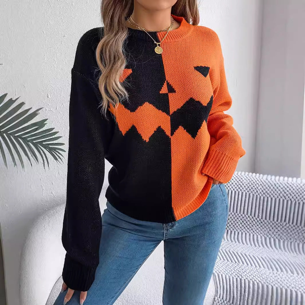 Halloween Contrast-color Pullover Sweater Fashion Long Sleeve Knitted Tops For Womens Clothing - ZA-ZOLA