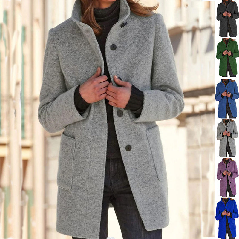 Fashion Stand Collar Woolen Coat with Pockets – Women’s Casual Fall & Winter Outwear