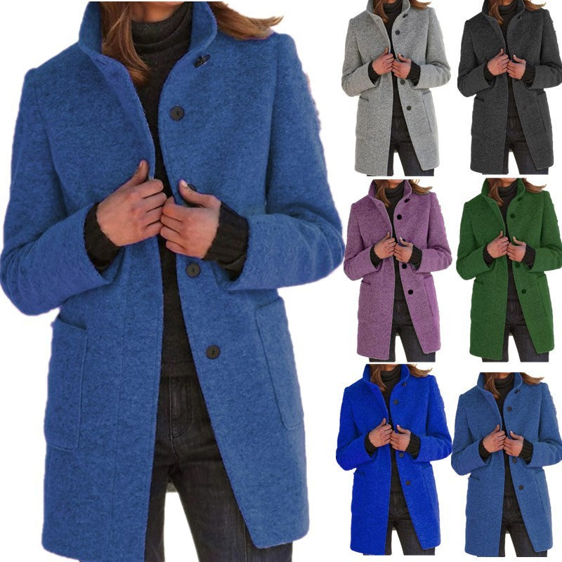 Fashion Stand Collar Woolen Coat with Pockets – Women’s Casual Fall & Winter Outwear