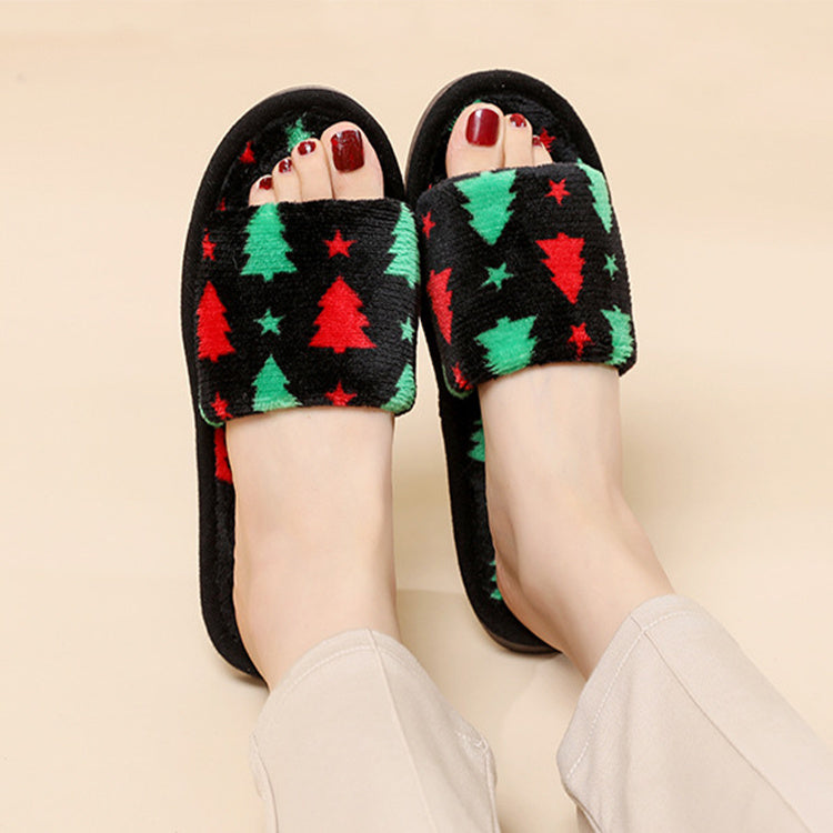 Christmas Tree Home Slippers for Women – Fashionable Open-toe Plush Slippers – Fuzzy Winter Bedroom House Shoes - ZA-ZOLA