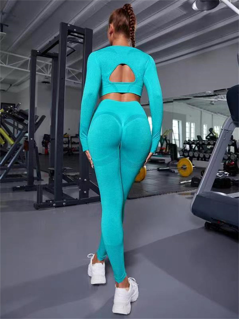 2pcs Sports Suit – Long Sleeve Hollow Design Top & Butt Lifting High Waist Seamless Leggings