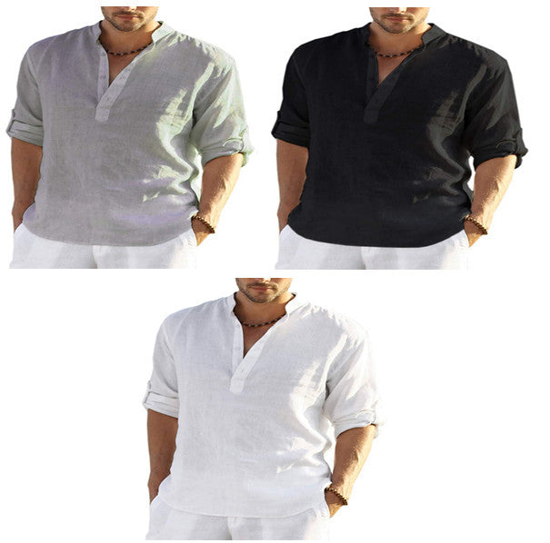 Men's Casual Cotton Linen Shirt – Breathable, Solid Color, Stand Collar Design - ZA-ZOLA