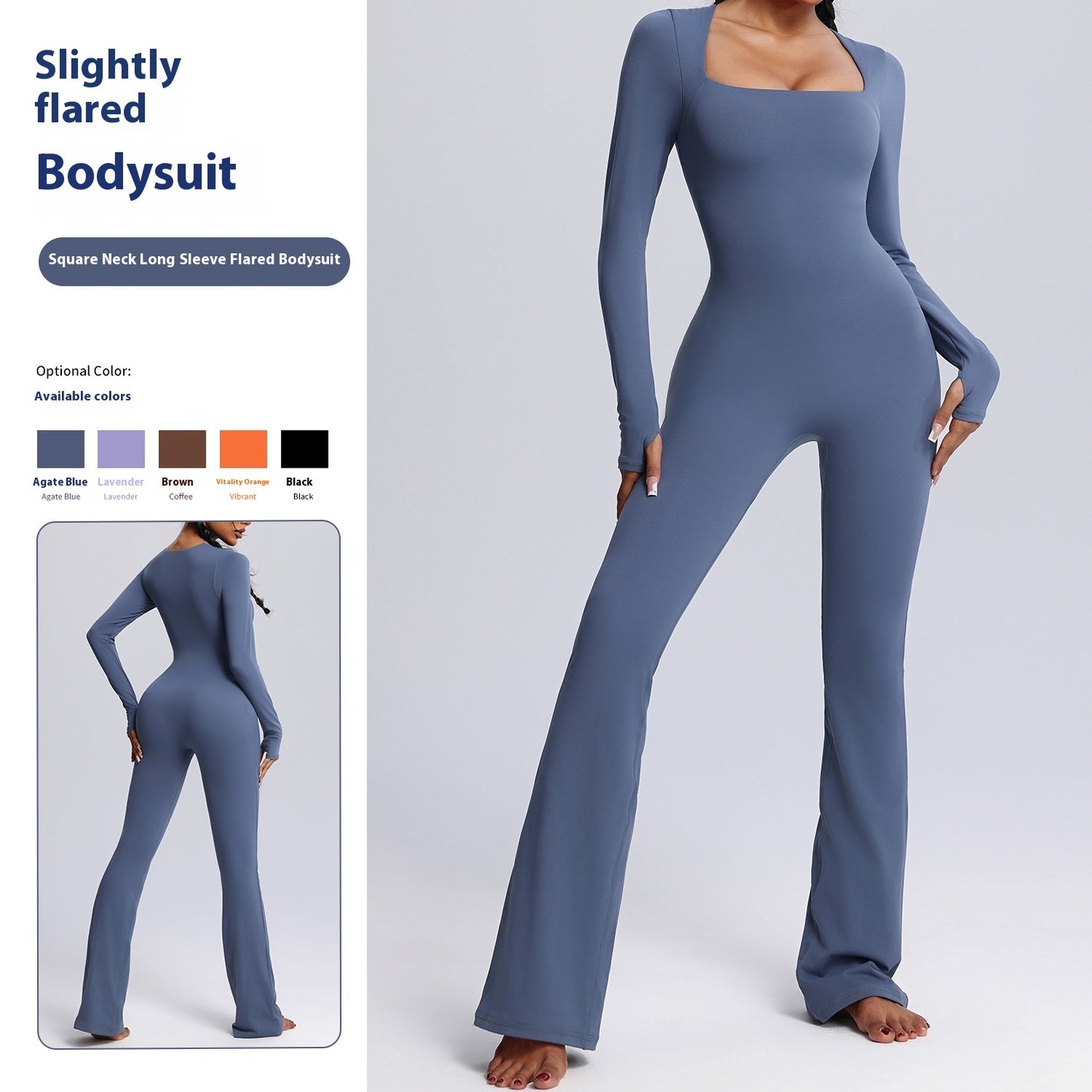 New Square Neck Long-Sleeved Jumpsuit – Yoga & Fitness Sports Bodysuit with Flared Pants for Women