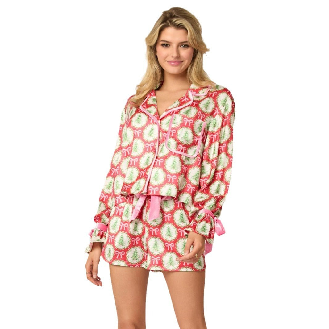 Women's Christmas Pajama Set – Santa Tree Print Lapel Neck Button-Up Long Sleeve Top & Shorts - ZA-ZOLA