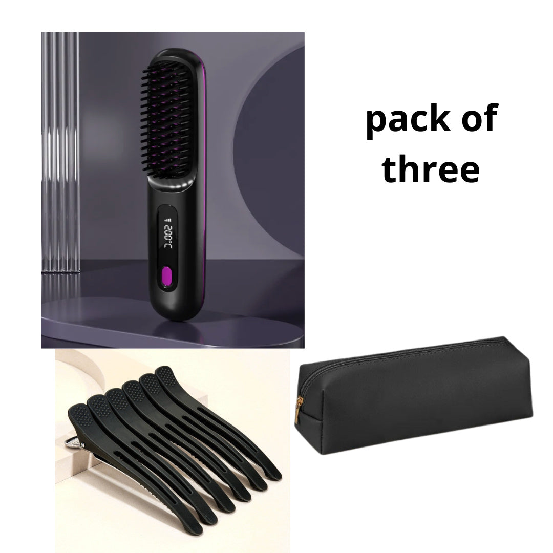 Portable Wireless Hair Straightener Comb - USB Rechargeable, Negative Ion Technology, Lightweight Travel Hair Tool, 3 Temperature Settings - ZA-ZOLA