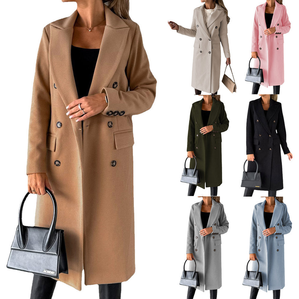 Long Sleeve Lapel Coat – Women’s Winter Double-Breasted Slim Long Jacket