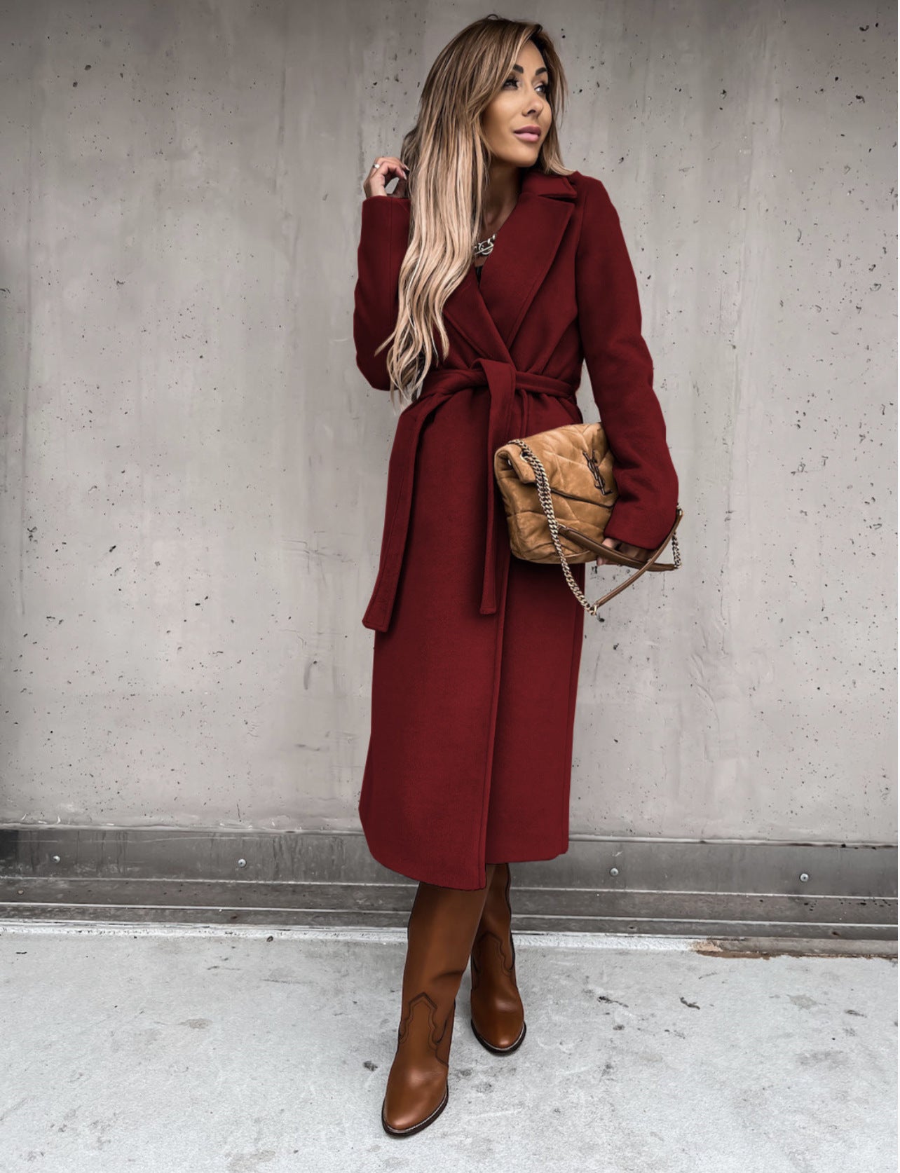 Woolen V-Neck Lace-Up Long Coat – Fashionable Women’s Wool Coat