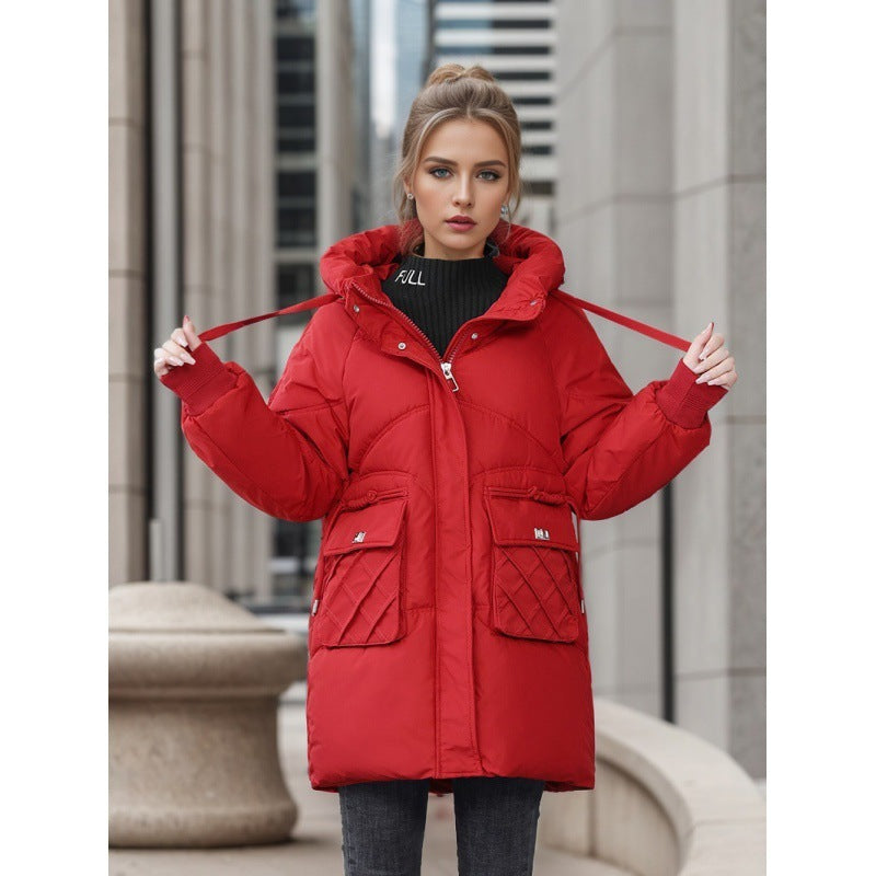 Warmer Wintermantel mit Kapuze und Taschen – Modische, einfarbige, dicke Baumwolljacke für Damen