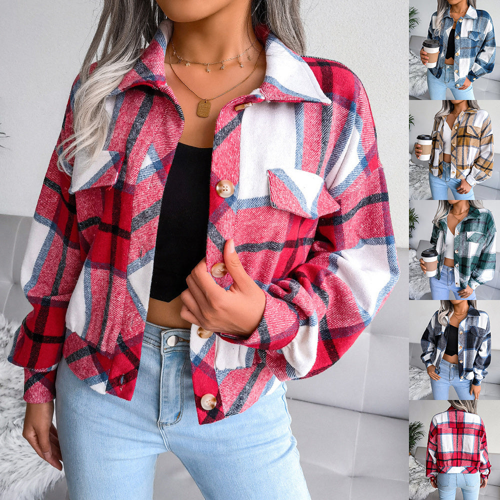 Plaid Lapel Cropped Jacket for Women – Loose Fit, Button Detail, Long Sleeve Outerwear