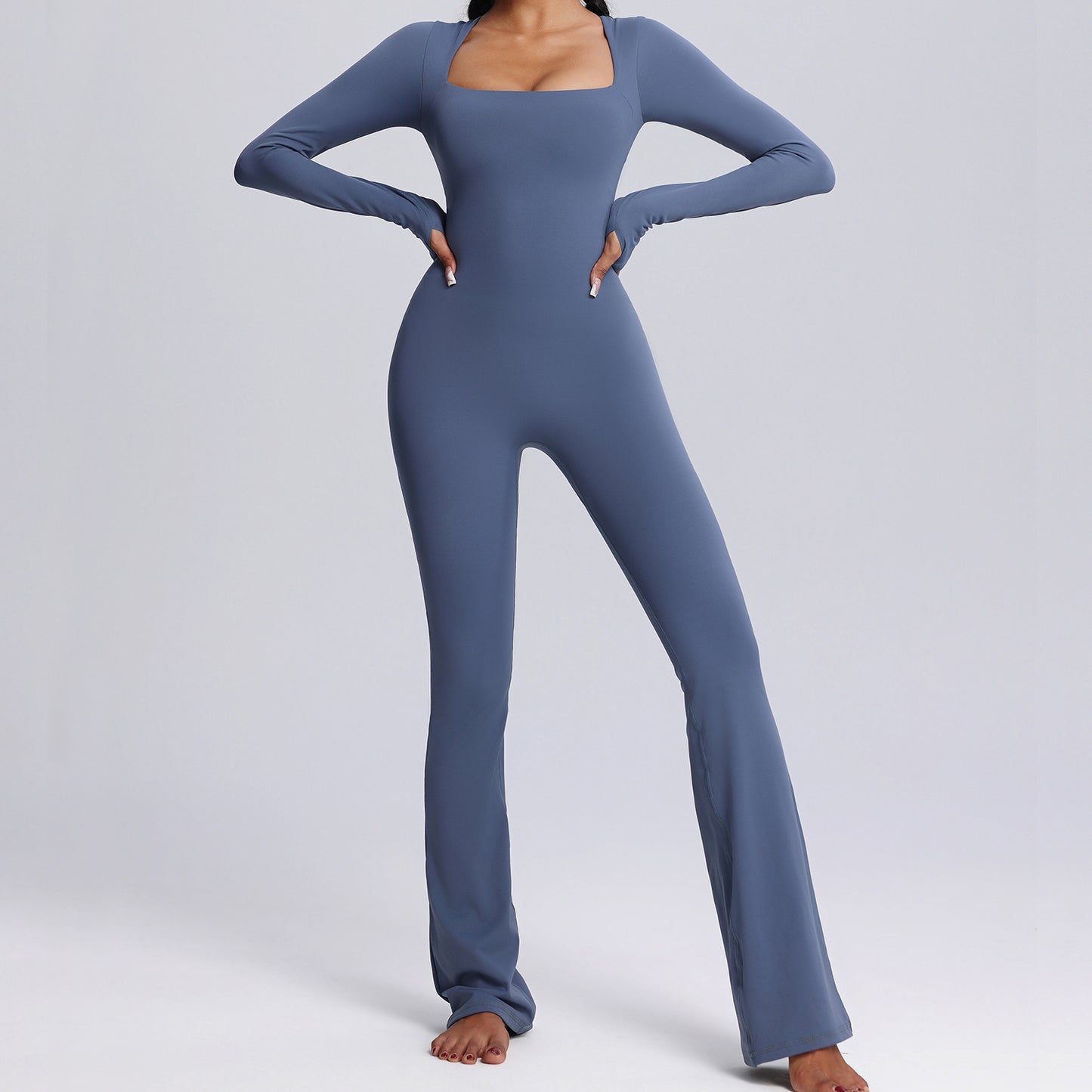 New Square Neck Long-Sleeved Jumpsuit – Yoga & Fitness Sports Bodysuit with Flared Pants for Women