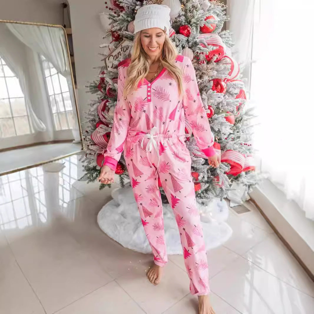 Christmas Tree Print Pajamas Suit – Long Sleeve Button-Up Two-Piece Set for Festive Comfort - ZA-ZOLA