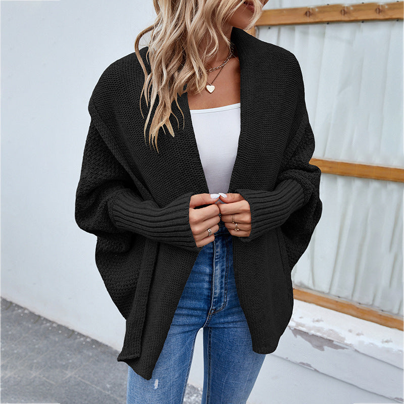 New Loose Knitted Bat Sleeve Sweater – Solid Color Large Lapel Cardigan for Women