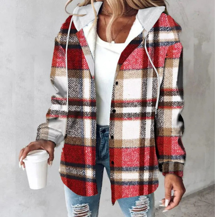 European & American Fashion Women’s Solid Color Plaid Hooded Jacket